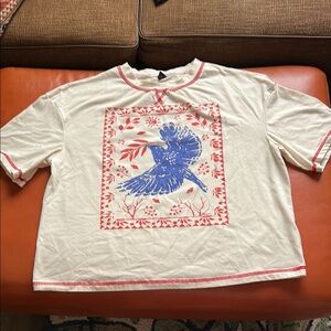 SHEIN Cream Crop Top with Blue Bird Print